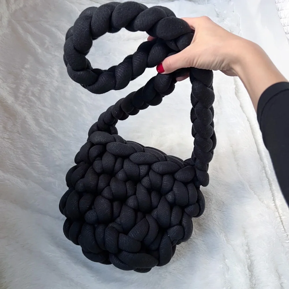 NEW Black Chunky Marshmallow Knit Soft Boho Shoulder Bag Tote Handmade